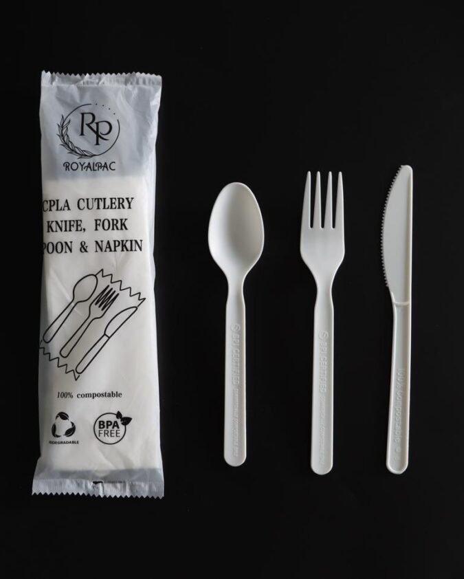 Biodegradable 7 Inch CPLA Cutlery Set Spoon, Fork, Knife, Napkin Per Carton of 250