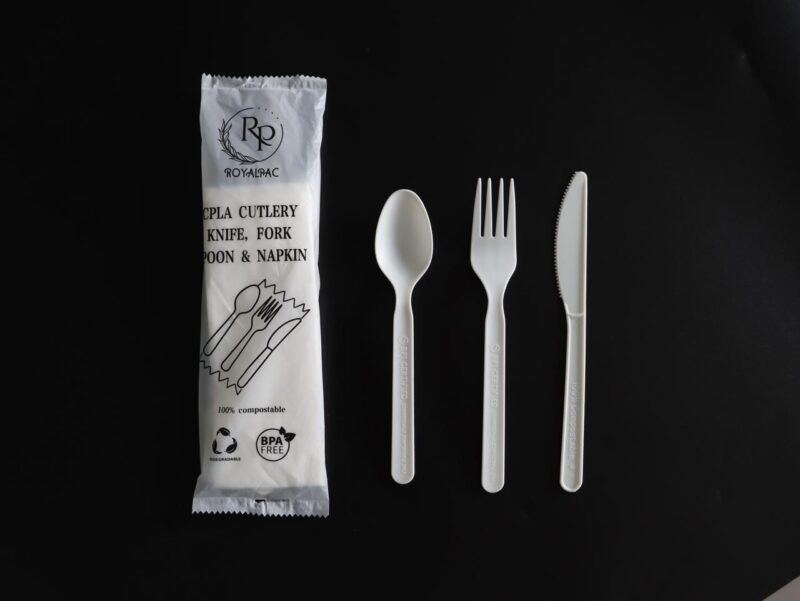 Biodegradable 7 Inch CPLA Cutlery Set Spoon, Fork, Knife, Napkin Per Carton of 250